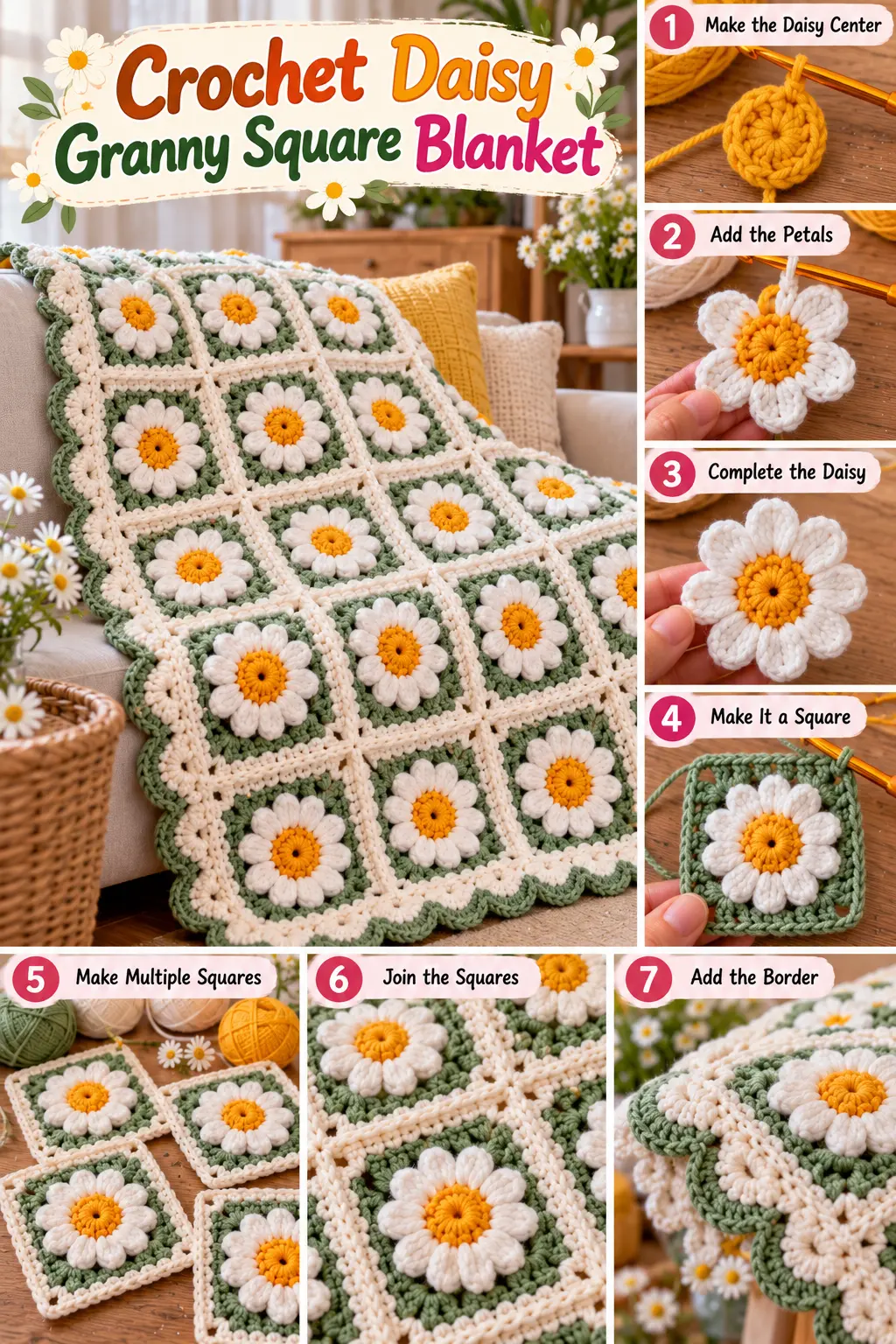 Crochet Daisy Granny Square Blanket