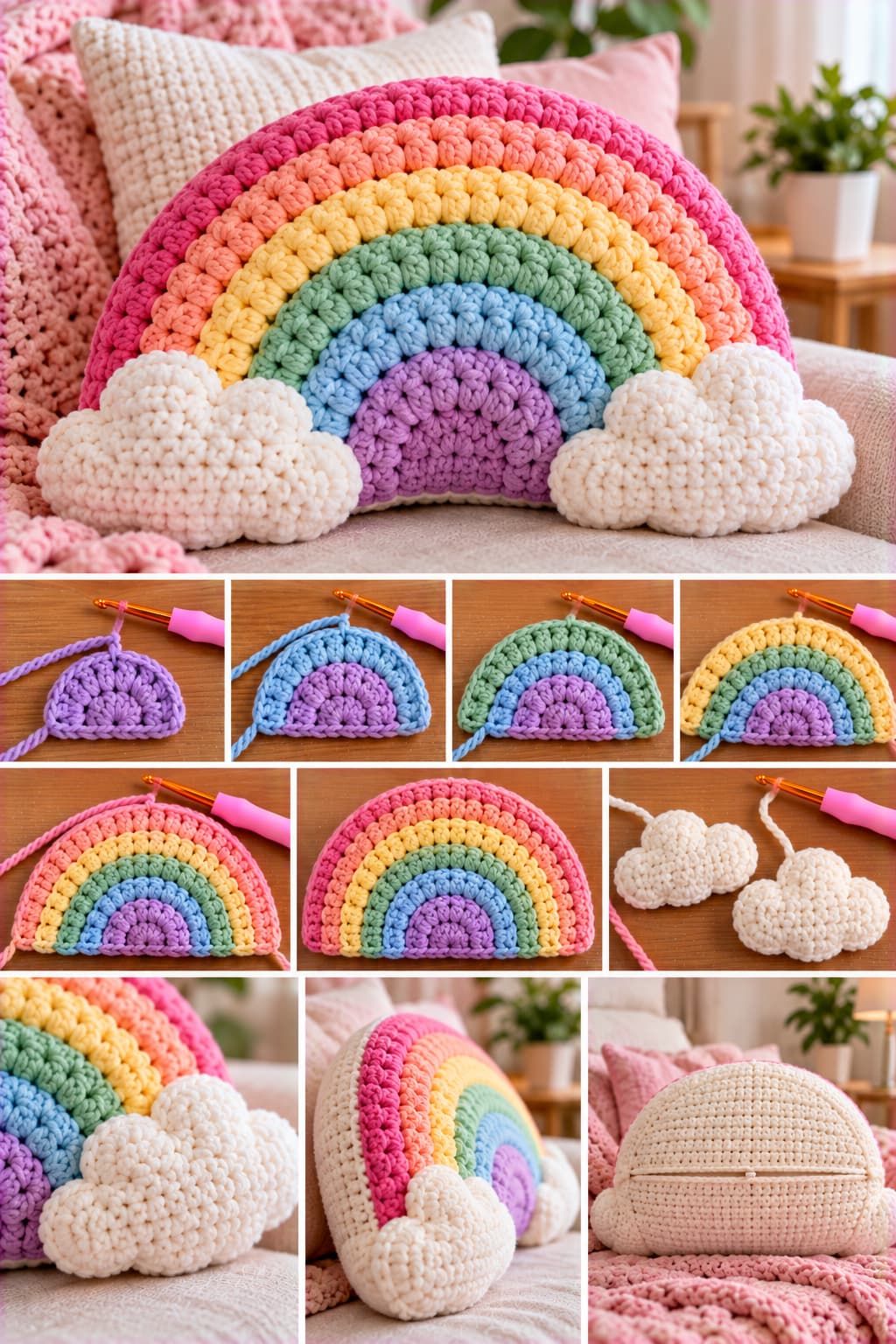 Crochet Rainbow Pillow