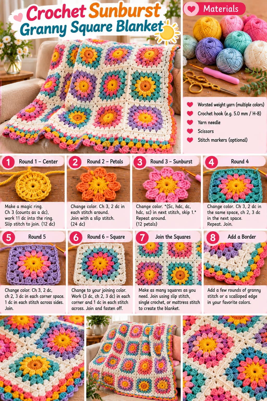 Crochet Sunburst Granny Square Blanket
